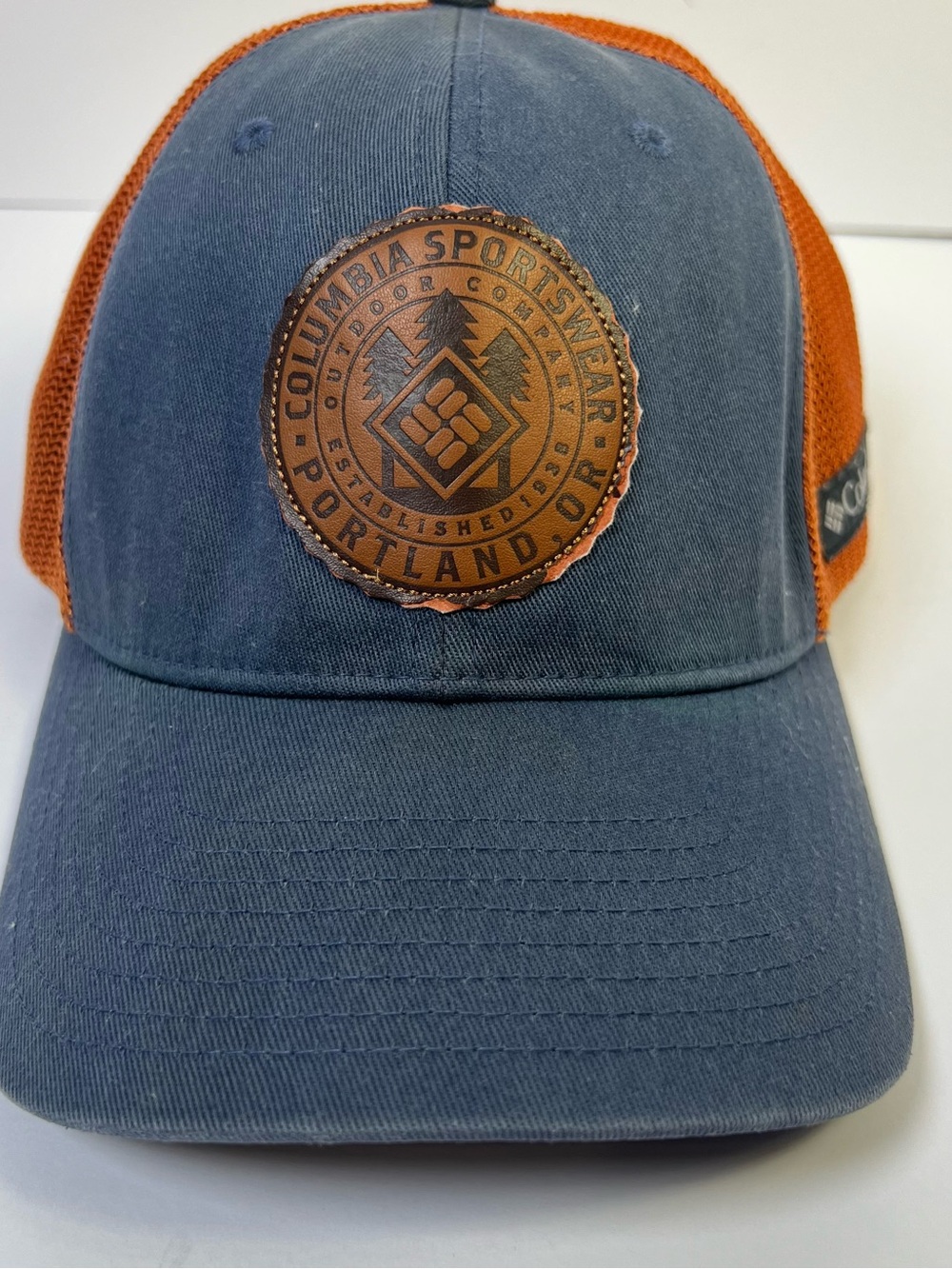 Columbia Sportswear Portland Mens Trucker Hat Flexfit L/XL Blue Orange Mesh